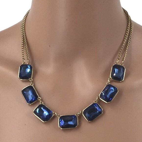 Blue Rhinestone Necklace Gold tone Double Strand Adjustable Length - Picture 1 of 2